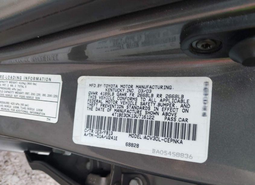 Photo 9 of 2003 Toyota Camry LE (VIN 4T1BE30K13U716122)