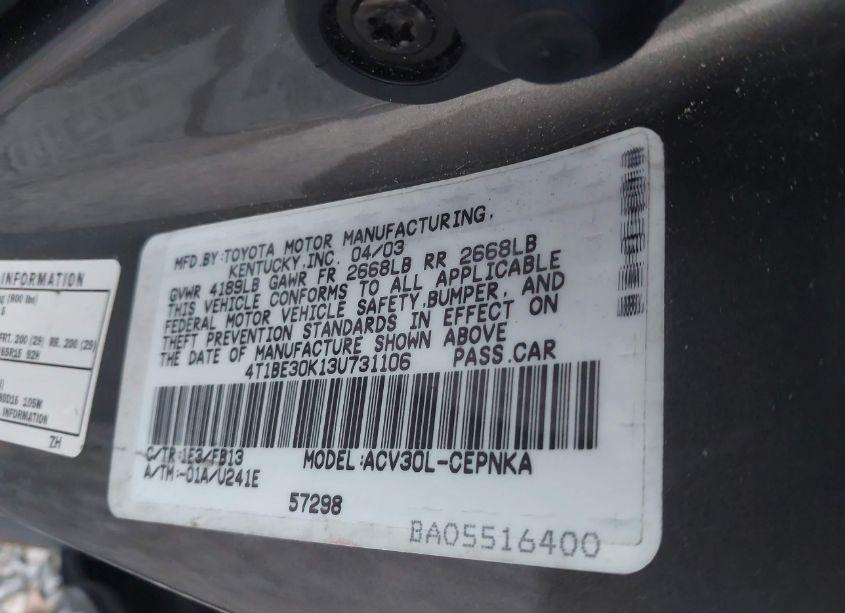 Photo 9 of 2003 Toyota Camry LE (VIN 4T1BE30K13U731106)