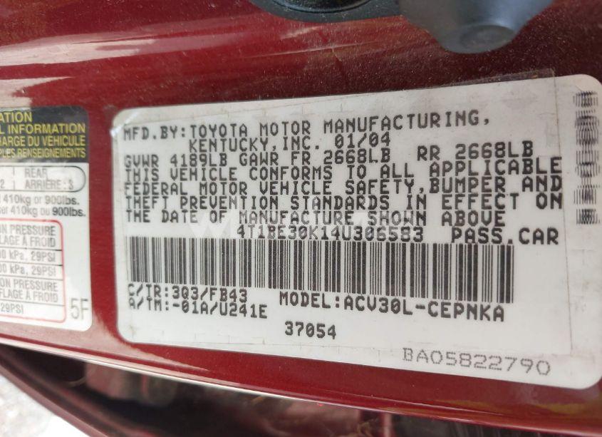 Photo 9 of 2004 Toyota Camry LE (VIN 4T1BE30K14U306583)