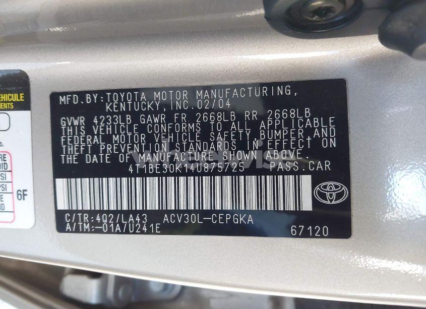 Photo 9 of 2004 Toyota Camry XLE (VIN 4T1BE30K14U875725)