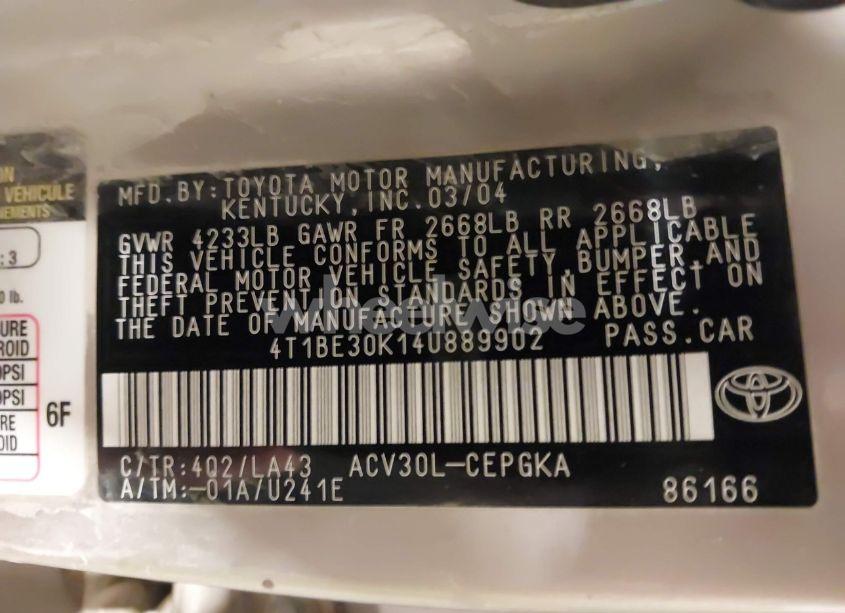 Photo 9 of 2004 Toyota Camry XLE (VIN 4T1BE30K14U889902)