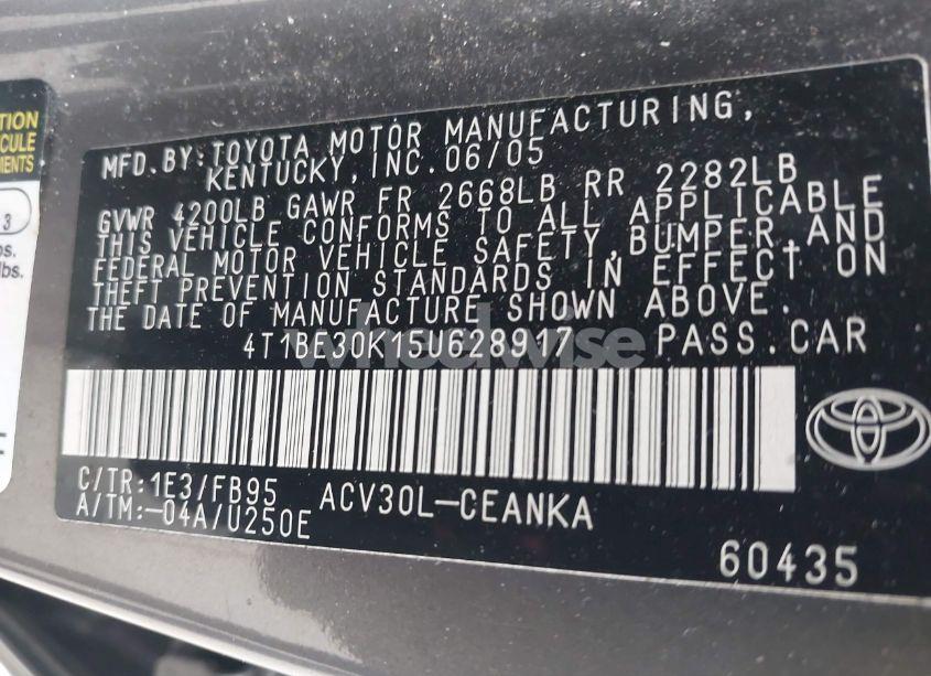 Photo 9 of 2005 Toyota Camry LE (VIN 4T1BE30K15U628917)