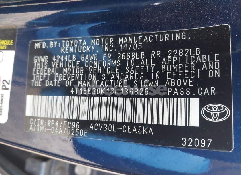 Photo 9 of 2006 Toyota Camry SE (VIN 4T1BE30K16U136826)