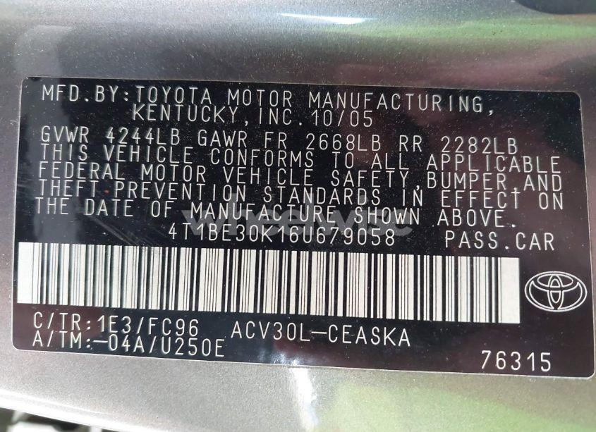 Photo 9 of 2006 Toyota Camry SE (VIN 4T1BE30K16U679058)