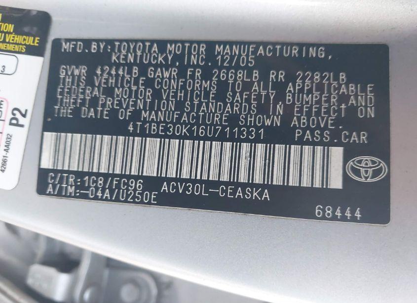 Photo 9 of 2006 Toyota Camry SE (VIN 4T1BE30K16U711331)