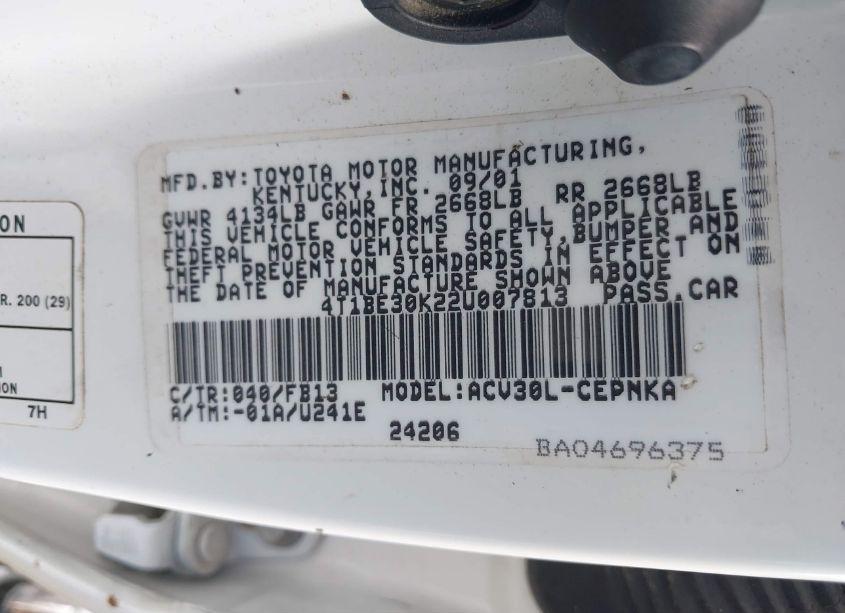 Photo 9 of 2002 Toyota Camry LE (VIN 4T1BE30K22U007813)