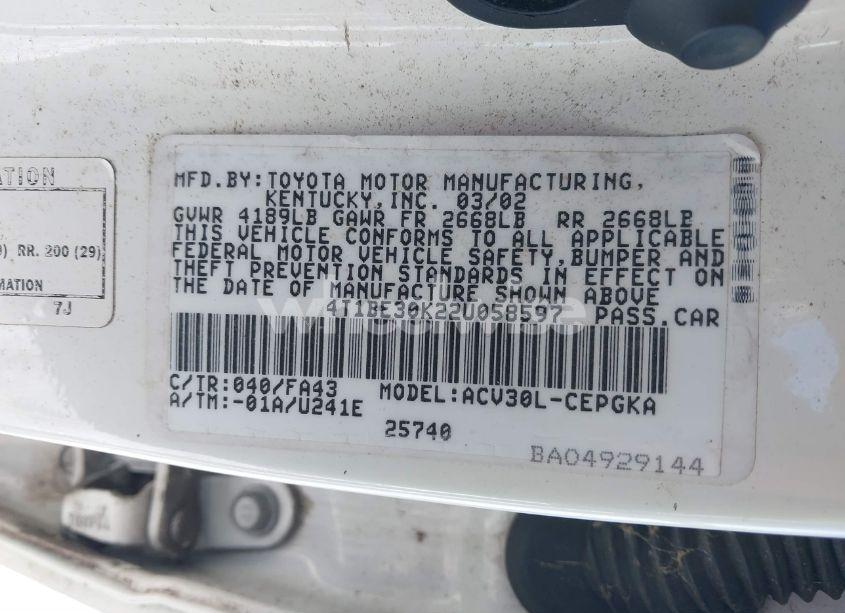 Photo 9 of 2002 Toyota Camry XLE (VIN 4T1BE30K22U058597)