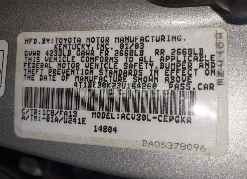 Photo 9 of 2003 Toyota Camry XLE (VIN 4T1BE30K23U164260)