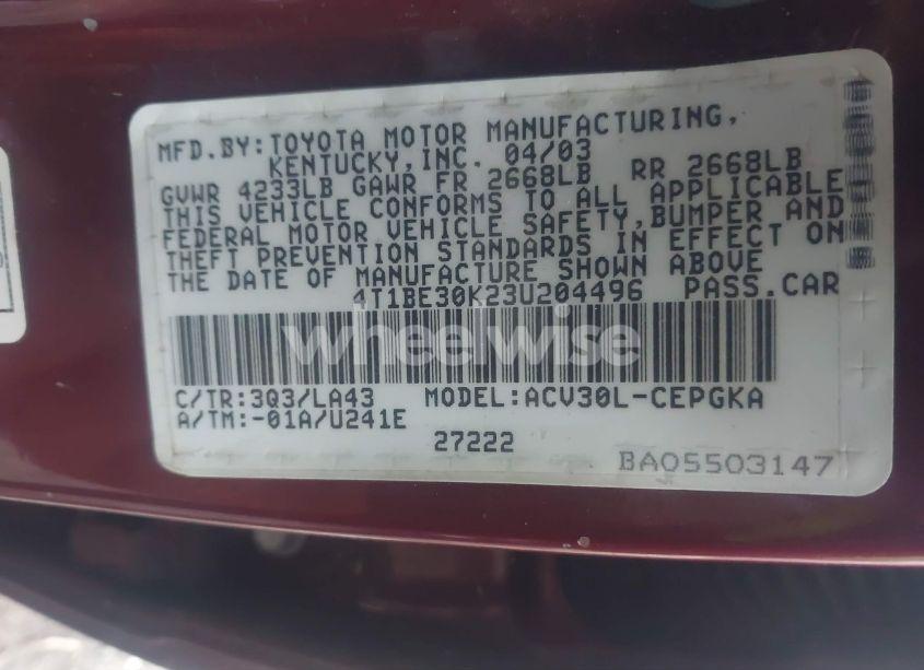 Photo 9 of 2003 Toyota Camry XLE (VIN 4T1BE30K23U204496)