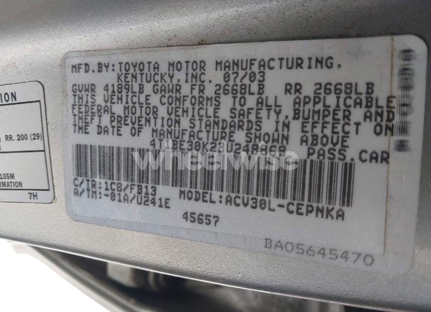 Photo 9 of 2003 Toyota Camry LE (VIN 4T1BE30K23U248868)