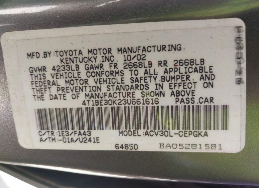 Photo 9 of 2003 Toyota Camry XLE (VIN 4T1BE30K23U661616)