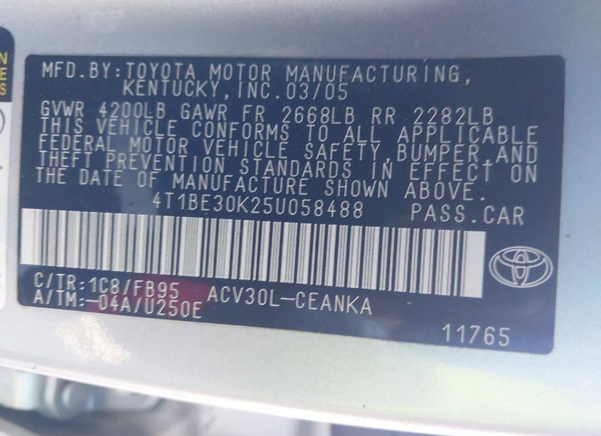 Photo 9 of 2005 Toyota Camry LE (VIN 4T1BE30K25U058488)