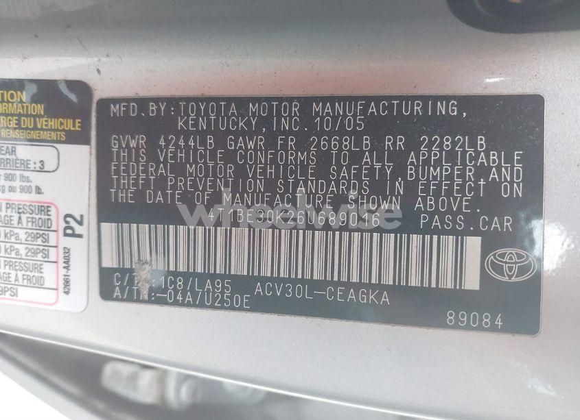 Photo 9 of 2006 Toyota Camry XLE (VIN 4T1BE30K26U689016)