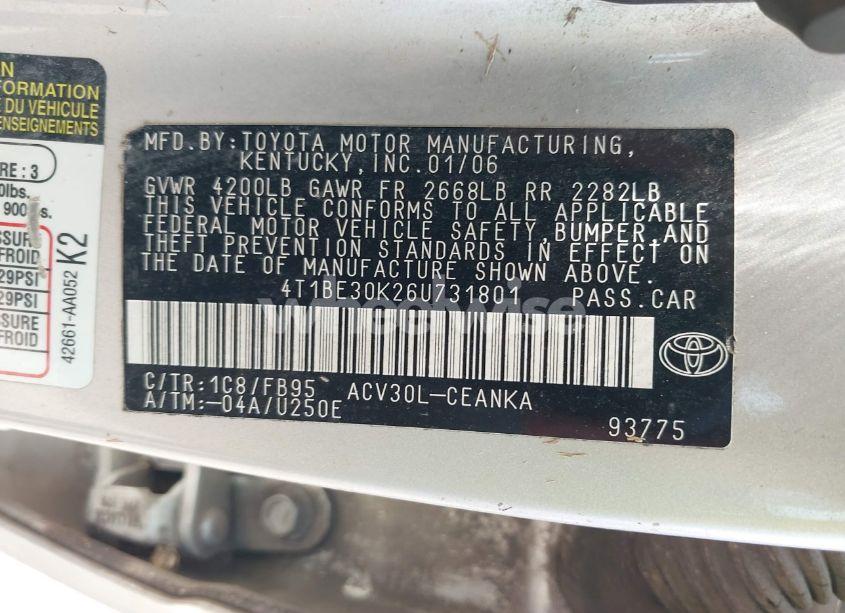 Photo 9 of 2006 Toyota Camry LE (VIN 4T1BE30K26U731801)