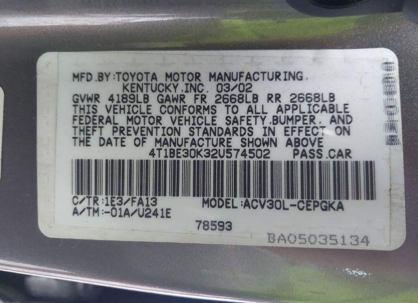 Photo 9 of 2002 Toyota Camry XLE (VIN 4T1BE30K32U574502)