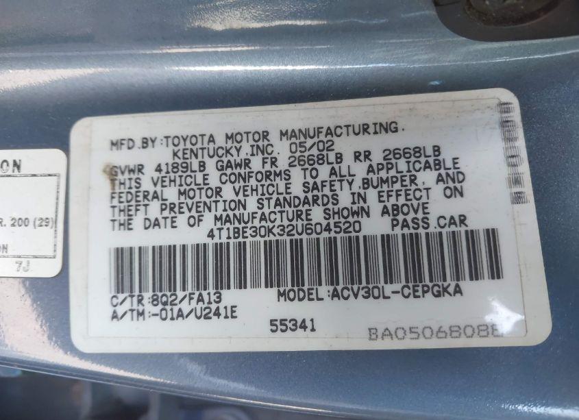 Photo 9 of 2002 Toyota Camry XLE (VIN 4T1BE30K32U604520)