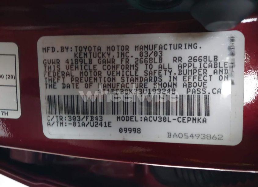 Photo 9 of 2003 Toyota Camry LE (VIN 4T1BE30K33U193248)