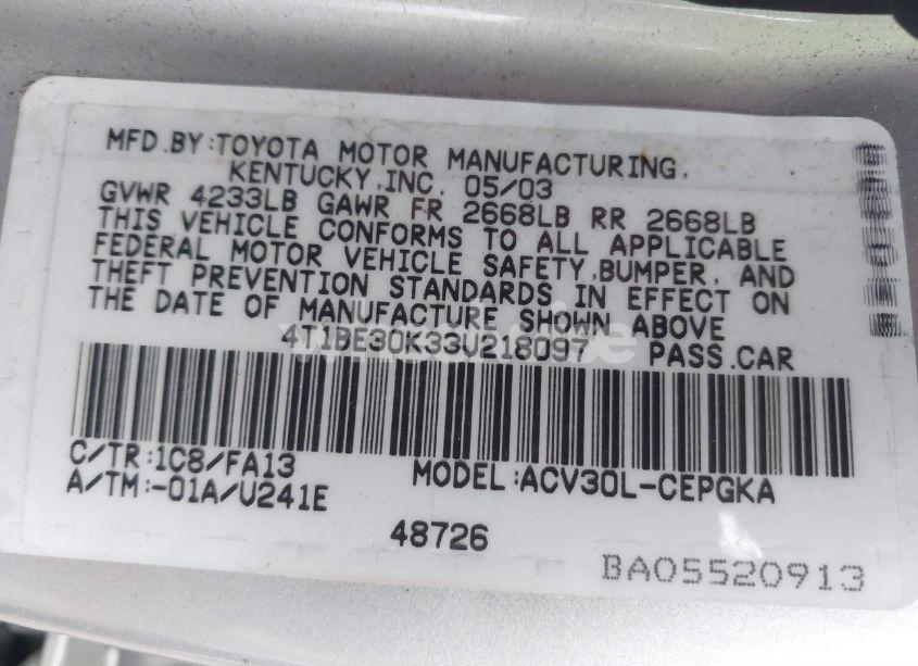 Photo 9 of 2003 Toyota Camry XLE (VIN 4T1BE30K33U218097)