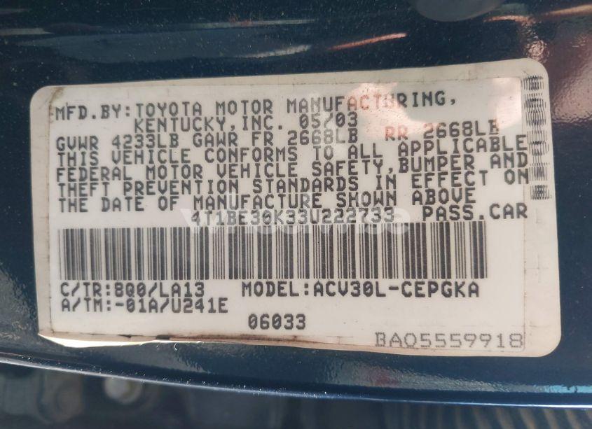 Photo 9 of 2003 Toyota Camry XLE (VIN 4T1BE30K33U222733)