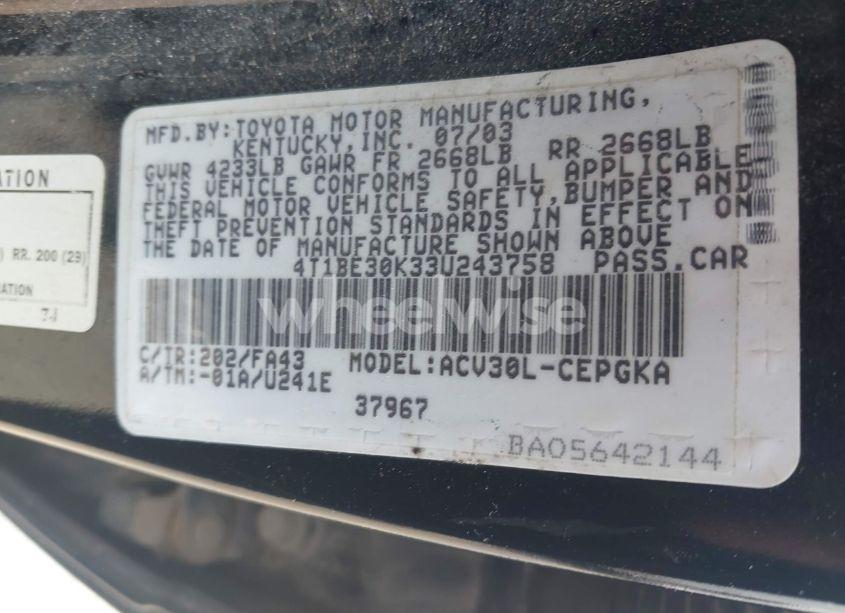 Photo 9 of 2003 Toyota Camry XLE (VIN 4T1BE30K33U243758)