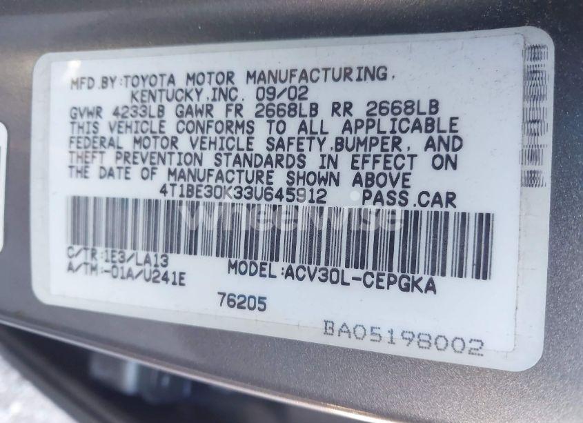 Photo 9 of 2003 Toyota Camry XLE (VIN 4T1BE30K33U645912)