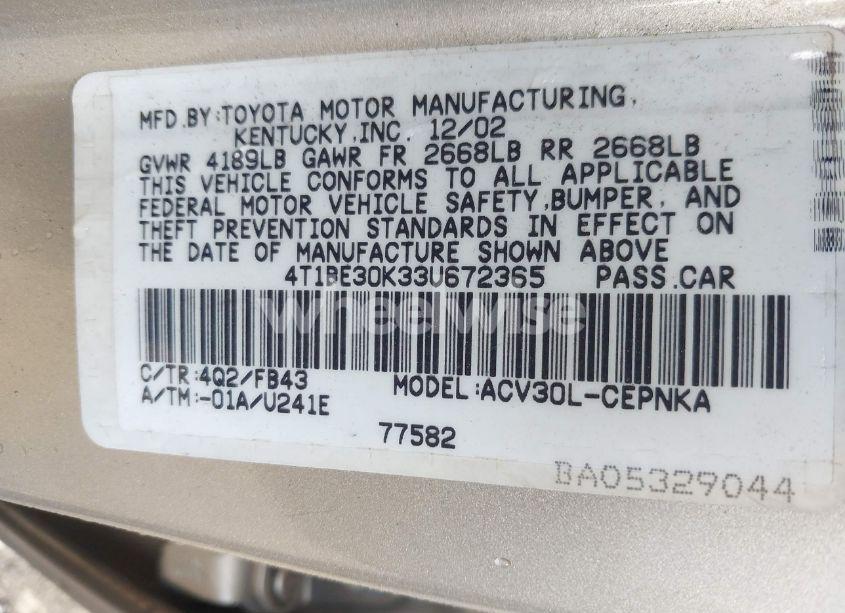 Photo 9 of 2003 Toyota Camry LE (VIN 4T1BE30K33U672365)