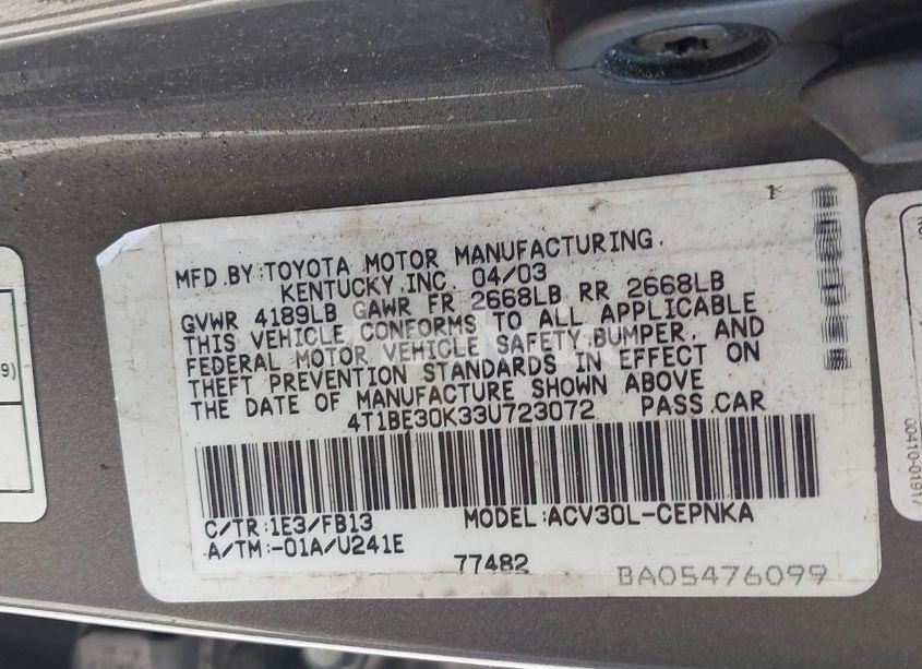 Photo 9 of 2003 Toyota Camry LE (VIN 4T1BE30K33U723072)