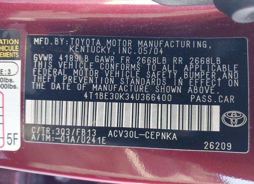 Photo 9 of 2004 Toyota Camry LE (VIN 4T1BE30K34U366400)