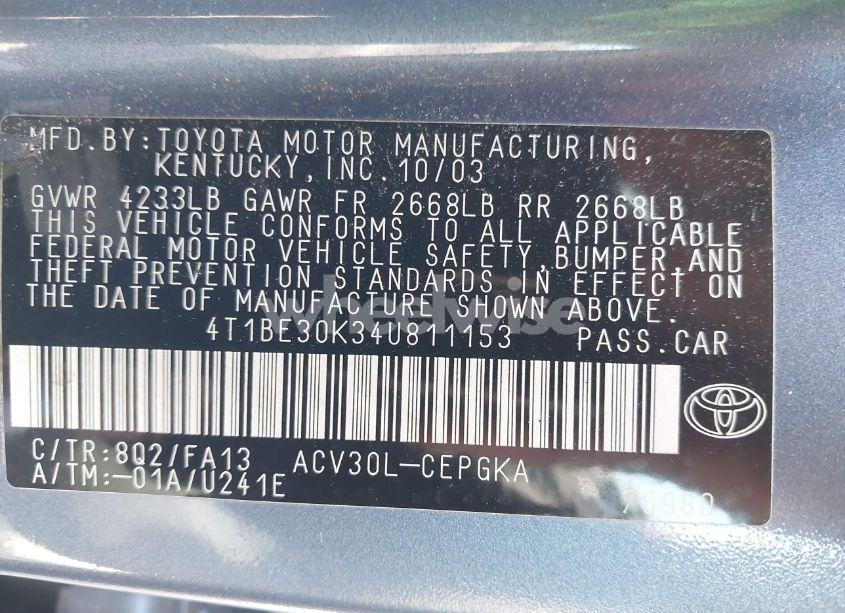 Photo 9 of 2004 Toyota Camry XLE (VIN 4T1BE30K34U811153)