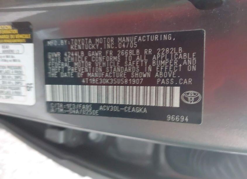 Photo 9 of 2005 Toyota Camry XLE (VIN 4T1BE30K35U581907)