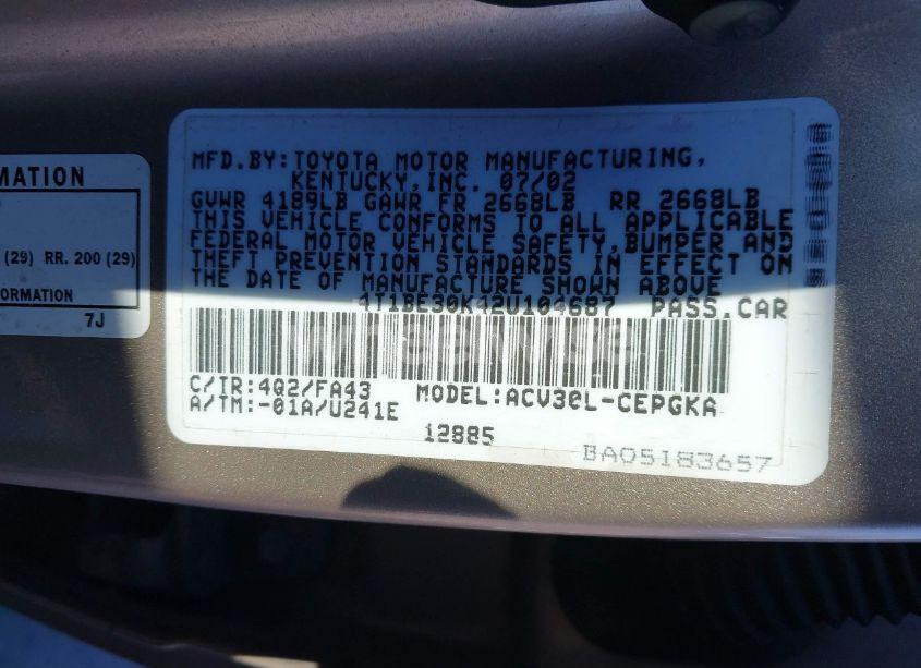 Photo 9 of 2002 Toyota Camry XLE (VIN 4T1BE30K42U104687)