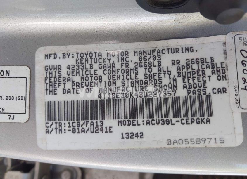 Photo 9 of 2003 Toyota Camry XLE (VIN 4T1BE30K43U227357)
