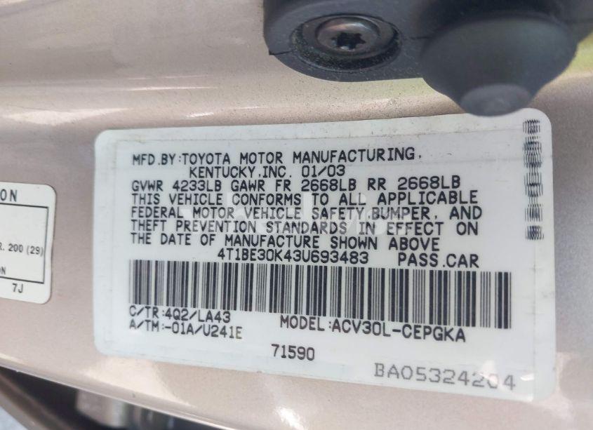 Photo 9 of 2003 Toyota Camry XLE (VIN 4T1BE30K43U693483)