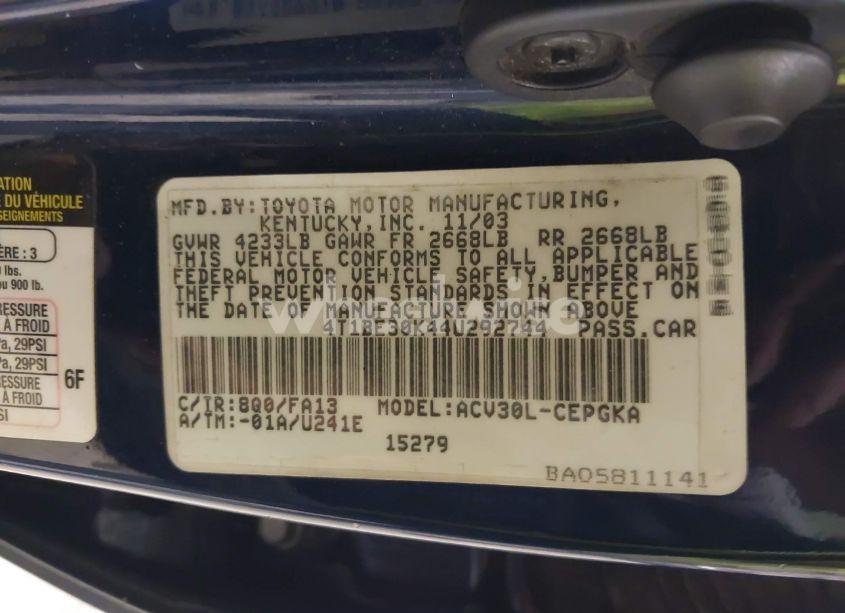 Photo 9 of 2004 Toyota Camry LE/SE/XLE (VIN 4T1BE30K44U292744)