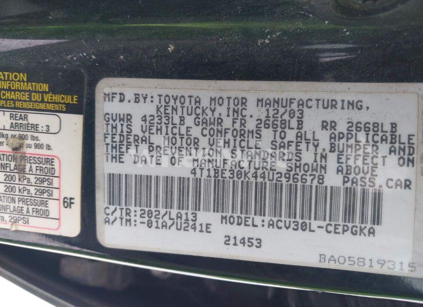 Photo 9 of 2004 Toyota Camry XLE (VIN 4T1BE30K44U296678)