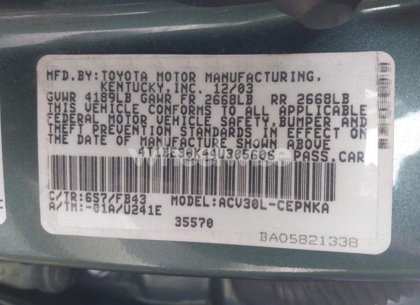 Photo 9 of 2004 Toyota Camry LE (VIN 4T1BE30K44U305606)