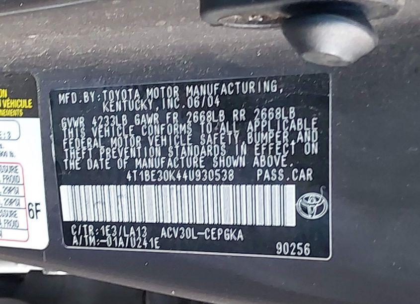 Photo 9 of 2004 Toyota Camry XLE (VIN 4T1BE30K44U930538)