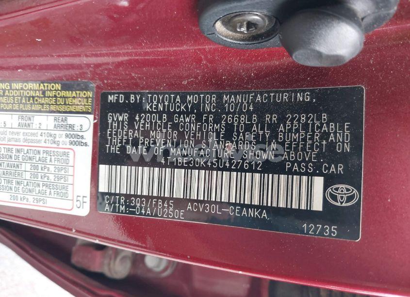 Photo 9 of 2005 Toyota Camry LE (VIN 4T1BE30K45U427612)
