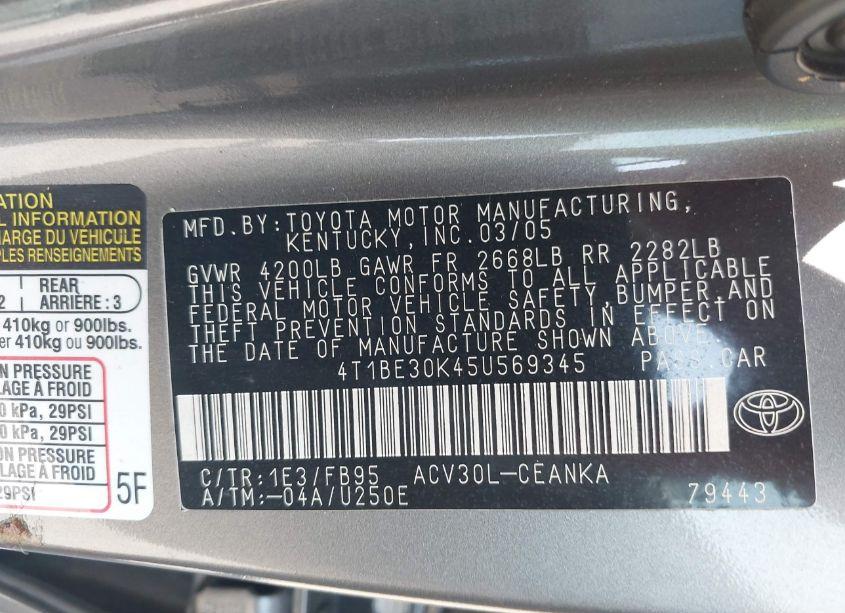 Photo 9 of 2005 Toyota Camry LE (VIN 4T1BE30K45U569345)