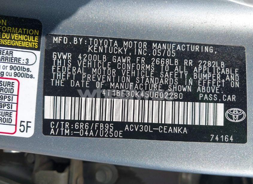 Photo 9 of 2005 Toyota Camry LE (VIN 4T1BE30K45U602280)