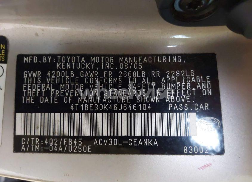 Photo 9 of 2006 Toyota Camry LE (VIN 4T1BE30K46U646104)