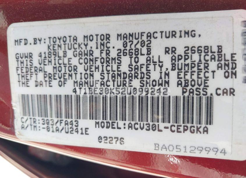 Photo 9 of 2002 Toyota Camry XLE (VIN 4T1BE30K52U099242)