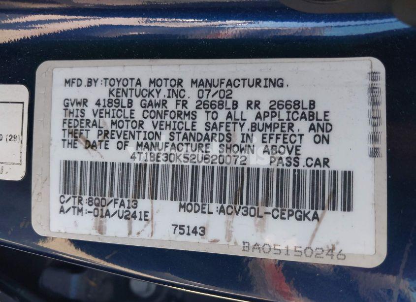 Photo 9 of 2002 Toyota Camry XLE (VIN 4T1BE30K52U620072)