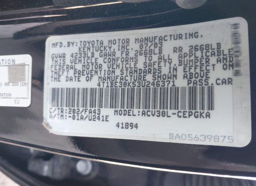 Photo 9 of 2003 Toyota Camry XLE (VIN 4T1BE30K53U246371)