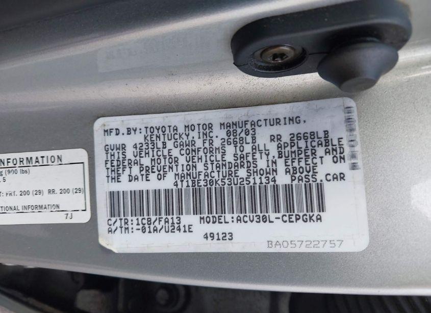 Photo 9 of 2003 Toyota Camry XLE (VIN 4T1BE30K53U251134)