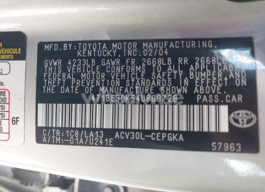 Photo 9 of 2004 Toyota Camry XLE (VIN 4T1BE30K54U868728)