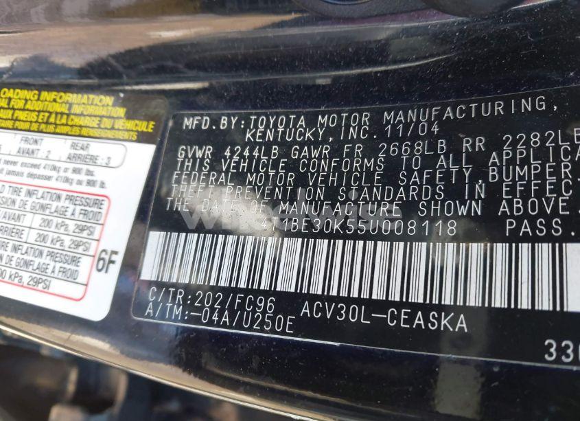 Photo 9 of 2005 Toyota Camry SE (VIN 4T1BE30K55U008118)