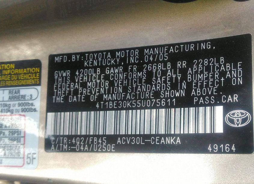 Photo 9 of 2005 Toyota Camry LE (VIN 4T1BE30K55U075611)
