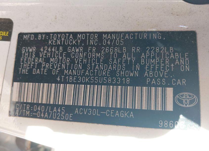 Photo 9 of 2005 Toyota Camry XLE (VIN 4T1BE30K55U583318)