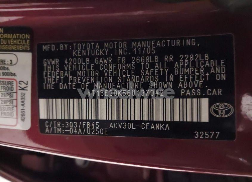 Photo 9 of 2006 Toyota Camry LE (VIN 4T1BE30K56U137042)